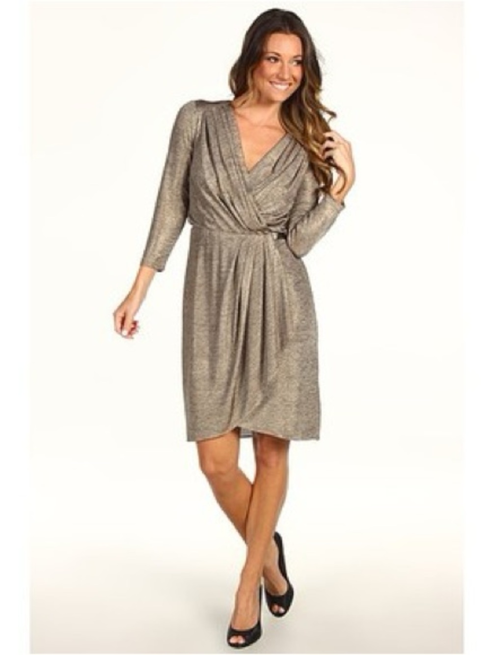 Maggy London taupe and gold metallic wrap dress